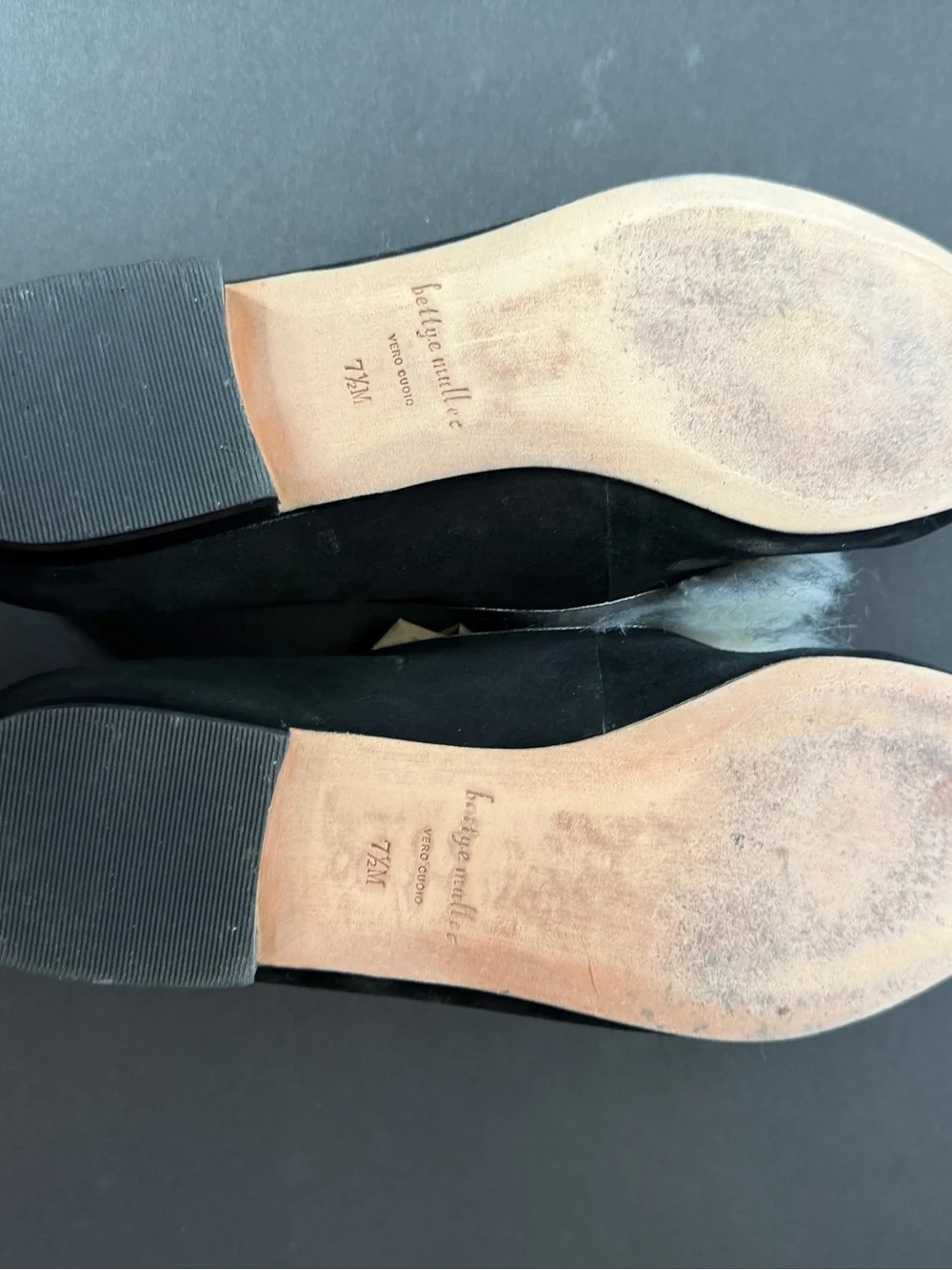 bettye muller Black Suede Flats with White Fur Pom and Crystal Accent